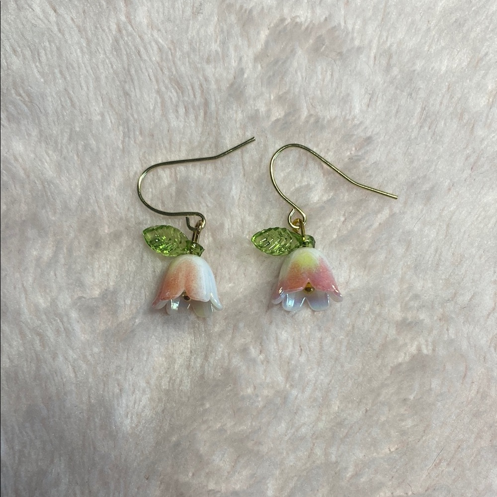 Flower Drop Earrings with Green and Pink Accents